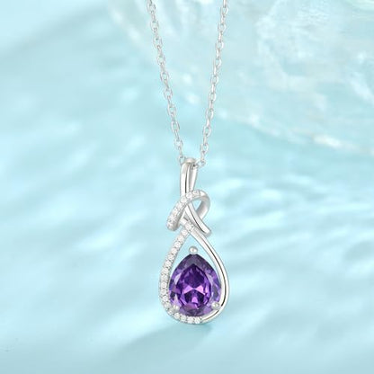 Infinity Teardrop Necklace Silver Tone Pendant Birthstone Jewelry for Women - color: Purple