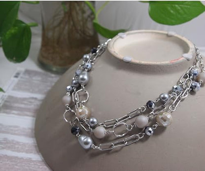 Multi Strand layered Frosted Multi Layer Mother of Pearl Statement Chunky Pastel Pearl Necklace June Birthday Gift - style: Stainless Steel