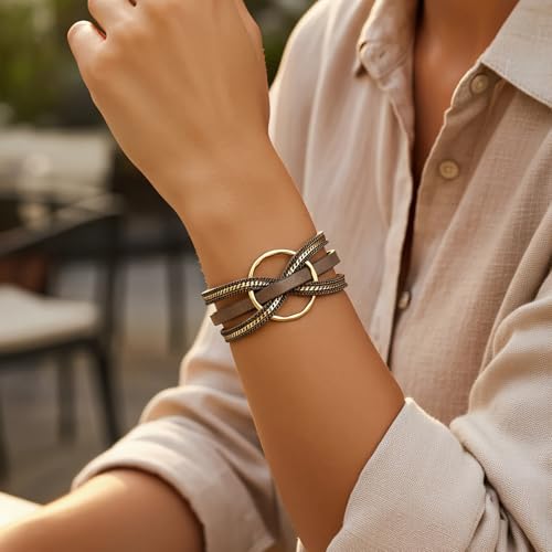 Edoneery Leather Wrap Bracelets for Women, Boho Layered Cuff Bangle | Multi-layer Leather Cuff, Daily wear, Stackable Bangle, Easy on-off, Western Jewelry Gifts for Women - color: Brown-5