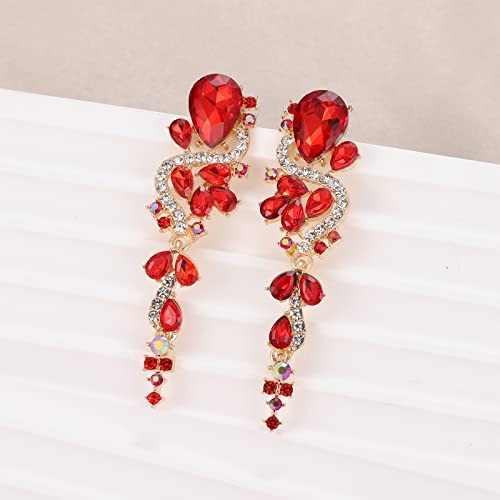 Fashion Rhinestone Statement Drop Dangle Earrings Long Colorful Crystal Bridal Wedding Teardrop Chandelier Earrings for Women Prom Pageant - color: Red