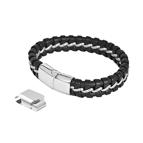 Men's Braided Genuine Leather Wristband Cuff Bracelet - color: Silver