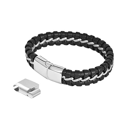 Men's Braided Genuine Leather Wristband Cuff Bracelet - color: Silver