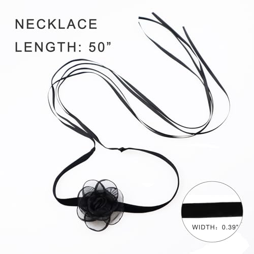Black Choker Camellia Flower Lace-up Necklace For Women - color: BLACK
