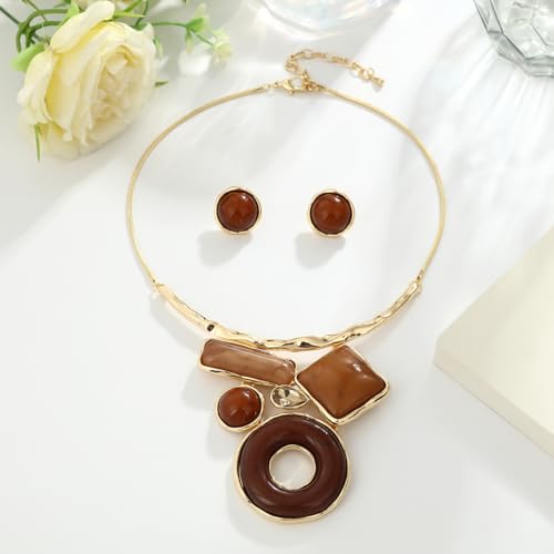 Vintage Statement Jewelry Set - Chunky Flower Floral Plant Geometric Resin Bib Necklace Earring Set Bohemian Boho Crystal Rhinestone Fashion Jewelry for Women Bridal Party Prom Unique Gift - style: MLJS2613-Brown