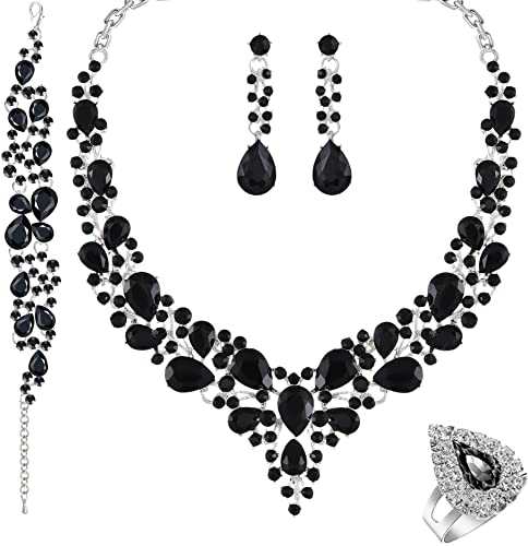 Paxuan Crystal Bridal Wedding Jewelry Sets for Women Rhinestone Teardrop Crystal Statement Choker Necklace Drop Earrings Link Bracelets Rings Teardrop Jewelry Set for Brides Bridesmaids - color: Black