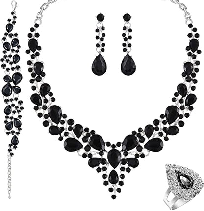 Paxuan Crystal Bridal Wedding Jewelry Sets for Women Rhinestone Teardrop Crystal Statement Choker Necklace Drop Earrings Link Bracelets Rings Teardrop Jewelry Set for Brides Bridesmaids - color: Black