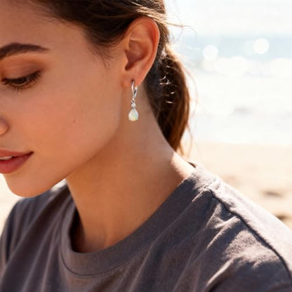 Dainty Opal Earrings for Women Sterling Silver Pear Oval Blue Opal Dangle Earrings Leverback Earrings Gold - color: leverback-white