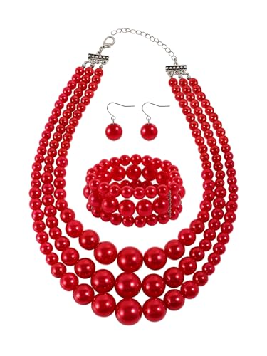 KOSMOS-LI Women's 3 Layer Simulated Pearl Statement 18" Necklace Bracelet and Earrings Jewelry Set Stocking Stuffers - color: red