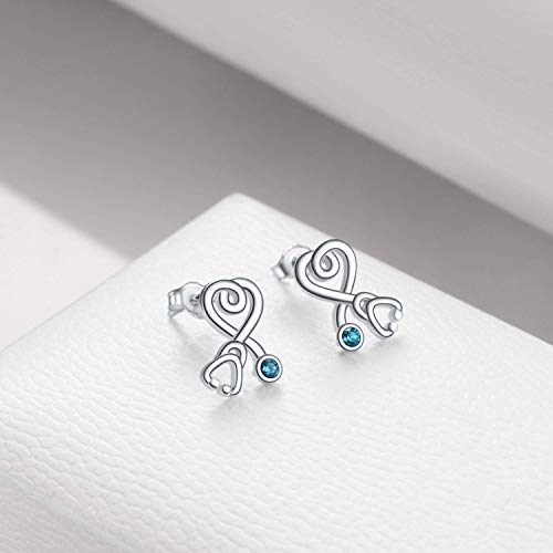 Stethoscope Earrings 925 Sterling Silver Heart Studs Earrings 12 Months Birthstone Crystals from Austria, Graduation Jewelry Gifts for Nurse Doctor RN Medical Student - color: Simulated Turquoise