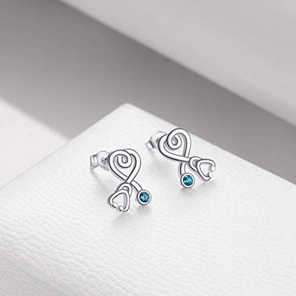Stethoscope Earrings 925 Sterling Silver Heart Studs Earrings 12 Months Birthstone Crystals from Austria, Graduation Jewelry Gifts for Nurse Doctor RN Medical Student - color: Simulated Turquoise