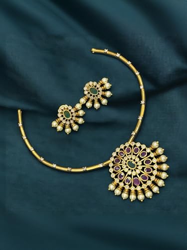 Antique Gold Plated Temple Jewellery Necklace Set with Earrings for Women, Traditional Indian Bridal Necklace Set, South Indian Choker Haram Style Jewellery Set, Ethnic Wedding Party Wear Necklace Set for Women - color: AD-Neck-174