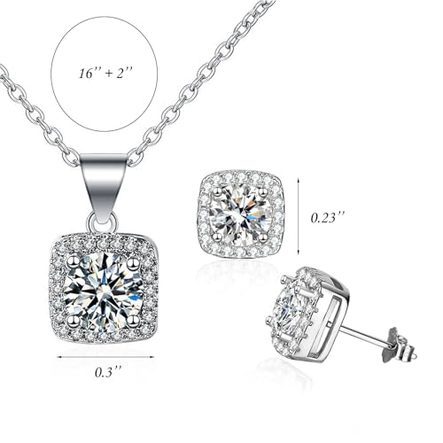 Cubic Zirconia Earring And Necklace Set For Women Trendy Square Halo Dainty Stud Earrings Necklace Set Silver