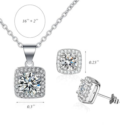 Cubic Zirconia Earring And Necklace Set For Women Trendy Square Halo Dainty Stud Earrings Necklace Set Silver
