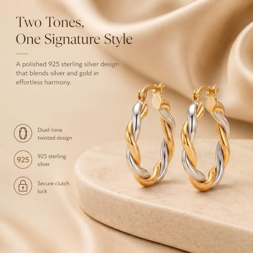 LeCalla Real 925 Sterling Silver Textured Two-Tone Three-Tone 14K Gold Plated Lightweight Italian Design Hoop Earrings for Women Diameter 25,30,40,45,50mm - color: Two-Tone Small-20mm