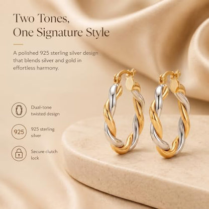LeCalla Real 925 Sterling Silver Textured Two-Tone Three-Tone 14K Gold Plated Lightweight Italian Design Hoop Earrings for Women Diameter 25,30,40,45,50mm - color: Two-Tone Small-20mm
