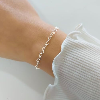 Stacking Bracelet Silver, Minimalist Simple Gourmet Satellite Rectangles Lace Heart Chain Bracelets, 925 Sterling Arm Jewelry for Women, Length 6.5-7.5 Inches - style: Hearts Chain
