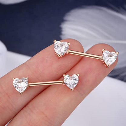 OUFER 2PCS 14G Surgical Steel Nipple Rings Barbell Heart CZ Nipple Rings Piercing for Women nippleshield Piercing Body Piercing - color: Rose Gold