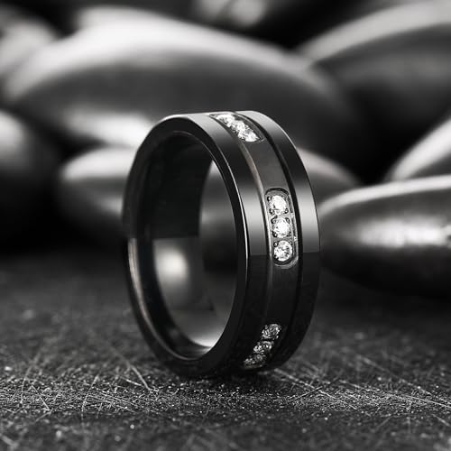 King Will Mens Tungsten Wedding Band with Cubic Zircon Inlay 7mm/8mm Flat Cut Comfort Fit Engagement Rings - color: B-Black&White-8mm
