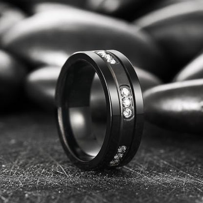 King Will Mens Tungsten Wedding Band with Cubic Zircon Inlay 7mm/8mm Flat Cut Comfort Fit Engagement Rings - color: B-Black&White-8mm