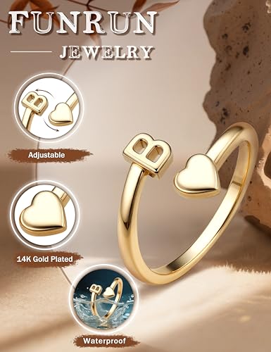 FUNRUN JEWELRY Gold Initial Ring for Women Non Tarnish 14K Gold Plated | Adjustable Letter Rings A-Z Dainty Heart Alphabet Stackable Band Rings Trendy Capital Letter Pinky Knuckle Thumb Ring - style: B Initial Ring