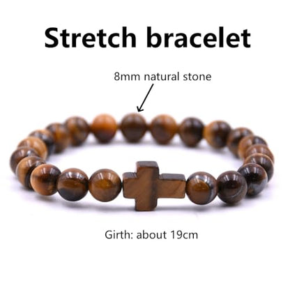 Beaded Bracelets Cross Bracelet for Women Men Lava Rock Turquoise Tiger Eye Natural Bracelet Anxiety Healing - color: 8Pcs-coloured cross