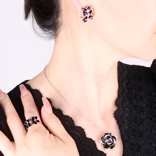 Elegant Jewelry Set Necklace for Women，Adjustable Dainty Cubic Zirconia Trendy Choker Pendant Necklace+Earrings+Ring, Mother's Day Valentine's Day Gifts Pendant Set for Women 3PCS - color: black Flower