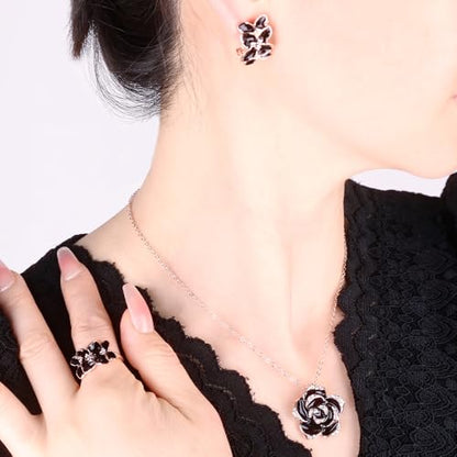 Elegant Jewelry Set Necklace for Women，Adjustable Dainty Cubic Zirconia Trendy Choker Pendant Necklace+Earrings+Ring, Mother's Day Valentine's Day Gifts Pendant Set for Women 3PCS - color: black Flower