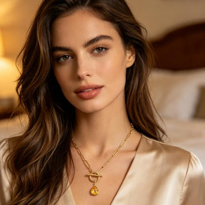 Teardrop CZ Pendant Paperclip Chain Necklace 18K Plated Paperclip Toggle Necklace Jewelry Birthstone Gift for Women - color: Citrine-November