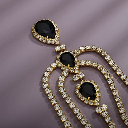 Bohemian Full Gold Rhinestone Chain Black Crystal Head Chain Clip Drop Pendant HeadPieces Forehead Headband Hair Accessories for Wedding Brides Party Prom Costume (Gold Black) - color: Gold Black