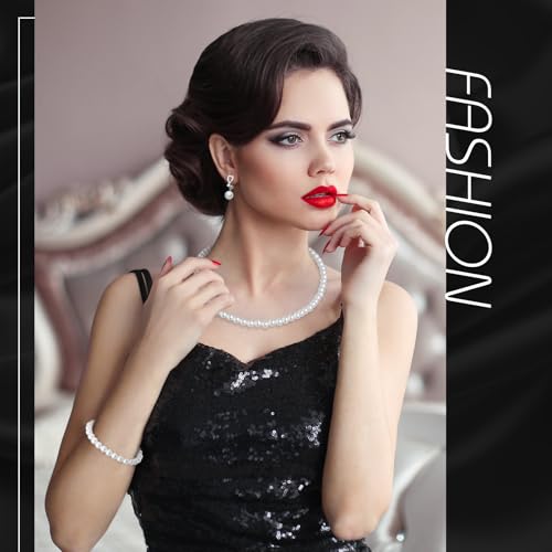 3 Pcs Pearl Jewelry Set Faux Pearl Clip on Earring Necklace Bracelet for Women Bridesmaid Birthday Wedding Gift - color: White, size: 8 mm