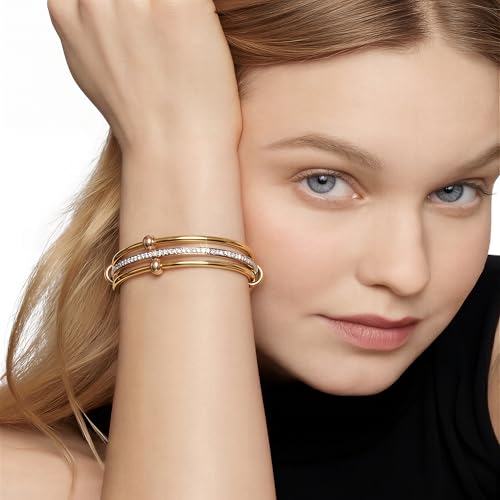 mixed metal Tri-Tone Bangles Bracelet for Women, 3/5 Pcs Stainless Steel Gold Plated Stackable Bracelet Set, Stylish Jewelry Gift - color: Gold zirconium+gold+gold, size: 72