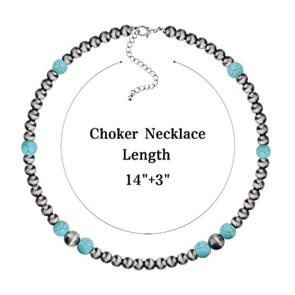 Navajo Pearl Necklace Western Jewelry for Women Cowgirl | Layered Western Necklaces Country Concert Choker Jewelry Gift - color: turquoise round bead