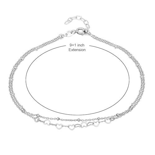 Vanbelle Sterling Silver Jewelry - Rhodium Plated with 925 Stamp - Interlinked Heart theme Anklet - handcrafted Double layered Chain Anklet for Women - 9" long + 1" extender
