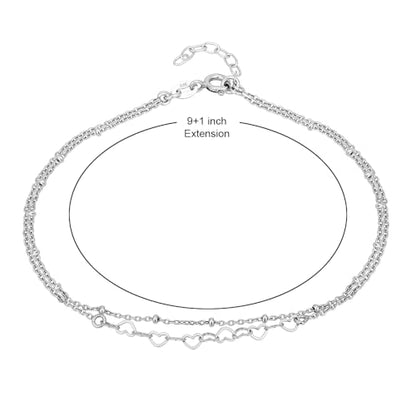 Vanbelle Sterling Silver Jewelry - Rhodium Plated with 925 Stamp - Interlinked Heart theme Anklet - handcrafted Double layered Chain Anklet for Women - 9" long + 1" extender