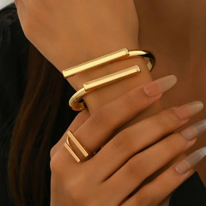 Gold Minimalist Bangle Bracelet and Ring Set for Women, Geometric Double Bar Open Cuff Hinged Bracelet, Modern Fashion Jewelry Gift