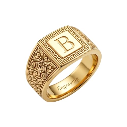 LONAGO Personalized 10K 14K 18K Solid Gold Initial Signet Ring, Custom Engraved Monogram Ring with Vintage Greek Key, Statement Ring for Men Women, Jewelry Gift for Anniversary Birthday - color: Style 1