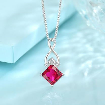 Infinity Necklace 925 Sterling Silver Princess Cut Pendant Birthstone Jewelry for Women - color: Red