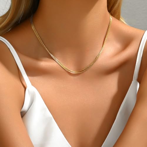 18K Gold Plated Layered Herringbone Necklaces for Women Dainty Layering Beaded Snake Chain Choker Moon Coin Pendant Necklace Trendy Stainless Steel Jewelry - color: Four Wire-Gold