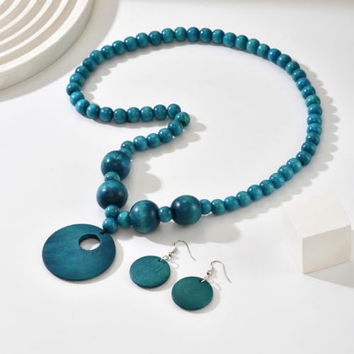 LOTSOF Boho Wooden Beaded Necklace and Earring Set for Women, Bohemian Chunky Statement Costume Jewelry, Round Drop Pendant Retro Ethnic Accessories Ladies Gift - color: Peacock Blue