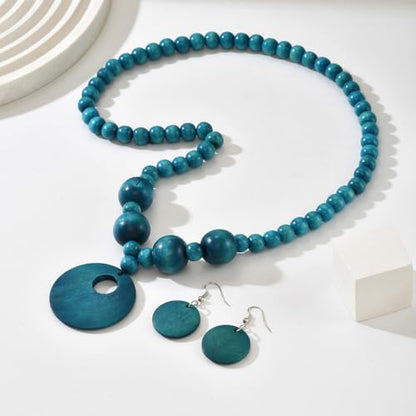 LOTSOF Boho Wooden Beaded Necklace and Earring Set for Women, Bohemian Chunky Statement Costume Jewelry, Round Drop Pendant Retro Ethnic Accessories Ladies Gift - color: Peacock Blue