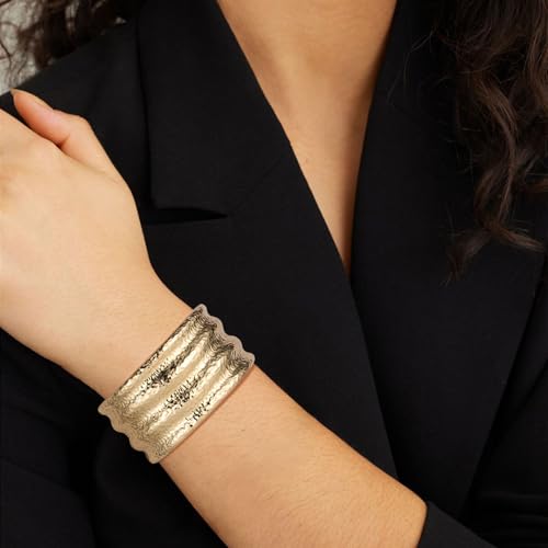 HZMAN Chunky Gold Cuff Bracelets for Women Thick Wide Bangle Bracelet Hammered Open Hinge Wrist Cuff Bracelet Jewelry Gift - color: 04.Crater Gold