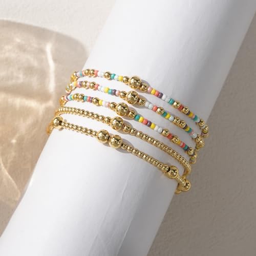 14K Gold Plated Beaded Bracelets Stack Set for Women,Stretch Boho Ball Jewelry Friendship Trendy - color: Colorful Pink