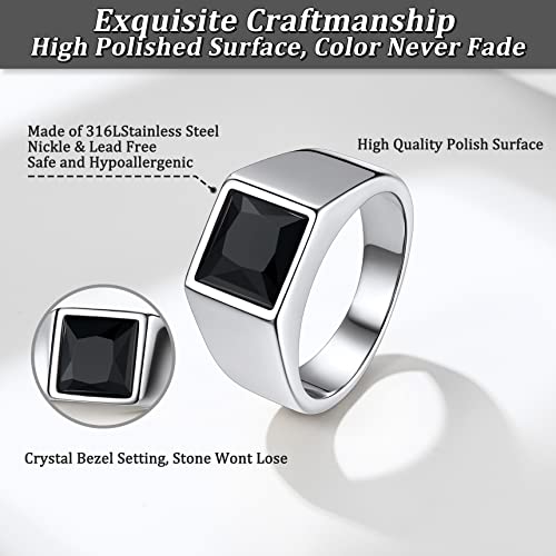 Bestyle Stainless Steel Men Signet Ring-Black/Blue Gemstone Band Ring-Classic Simple Thick Men Ring Size 7-14 - color: 02. 8MM Black Zircon - Steel