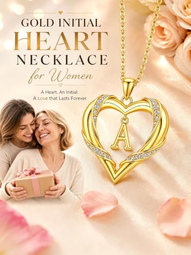Midari 18K Gold Initial Letter Necklace for Women 18K Gold Initial Heart Capital Monogram Necklace for Mom Wife Alphabets from A-Z - color: A
