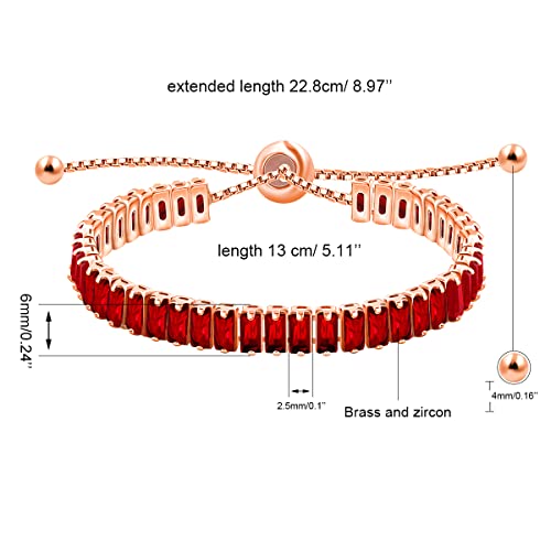 Uloveido Classic Emerald Cut Rectangular Cubic Zirconia Eternity Tennis Bracelet Adjustable for Women Y1788 - color: Rose Gold-red