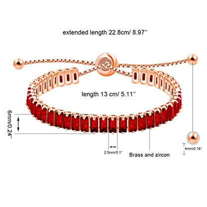 Uloveido Classic Emerald Cut Rectangular Cubic Zirconia Eternity Tennis Bracelet Adjustable for Women Y1788 - color: Rose Gold-red