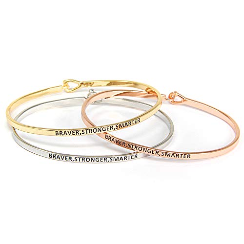 SM Inspirational Positive Message Engraved Thin Cuff Bangle Bracelets for Women (Braver,Stronger,Smarter - Silver)