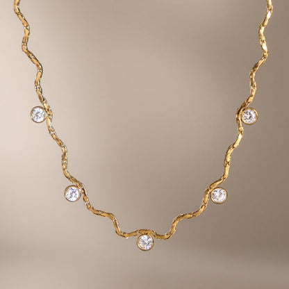 Dainty Gold Twisted Chain Wave CZ Charm Choker Clavicle Necklace for Women | Waterproof Hypoallergenic Stainless Steel ,Minimal Delicate Layering Jewelry Gifts for Summer Daily