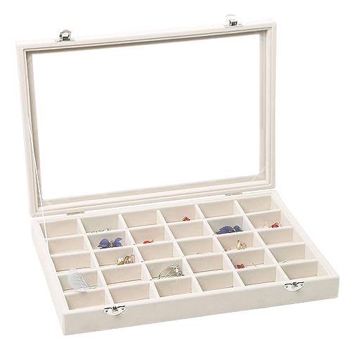 Stratalife Jewelry Organizer, Velvet Earring Storage Box, 13.78"x9.4" | 30 Grid Stackable Jewelry Tray with Clear Lid, Velvet Jewelry Box for Drawer, Necklace Trinket Display Organizer, Beige - color: Beige, size: 30 Grid