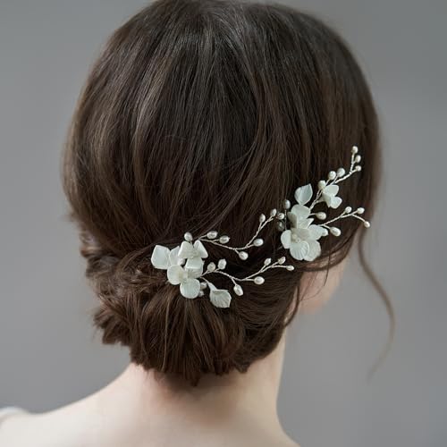Handmade White 3D Pinch Flower Bridal Hair Pins Freshwater Pearls Wedding Bridal Hair Accessories for Bridesmaids Women and Girls